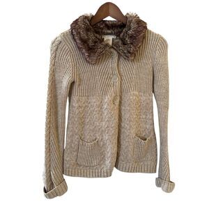 Womens Cable Knit Sweater Faux Fur Collar M Y2K Bohemian Hippie Comfy Indie City